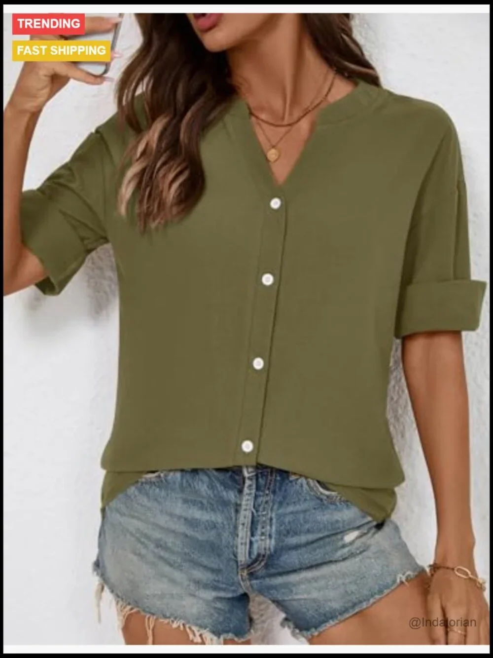 Cotton Linen 3/4 Sleeve Button Down Tunic Blouse Loose Fit V Neck - Picture 4 of 7